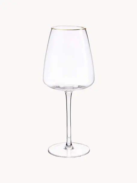 Copas de vino blanco de vidrio soplado artesanalmente Ellery, 4 uds., Vidrio, Transparente con borde dorado, Ø 9 x Al 21 cm, 400 ml