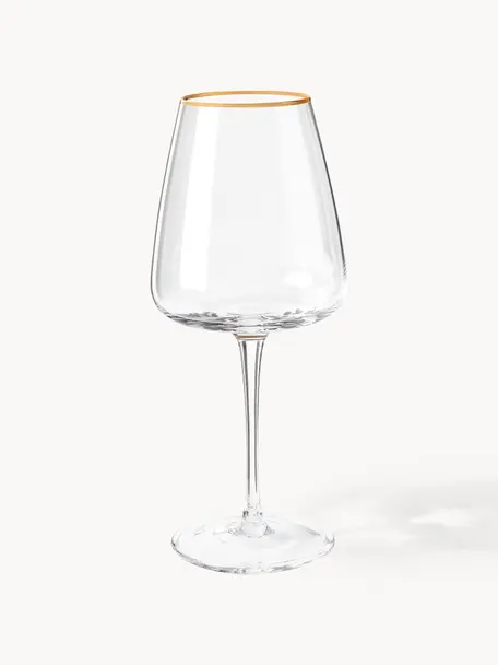 Copas de vino blanco de vidrio soplado artesanalmente Ellery, 4 uds., Vidrio, Transparente con borde dorado, Ø 9 x Al 21 cm, 400 ml