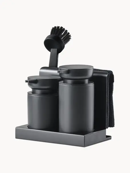 Súprava dávkovača čistiaceho prostriedku s kefkou Diish, 5 dielov, Plast, kamenina, Čierna, Š 18 x V 17 cm