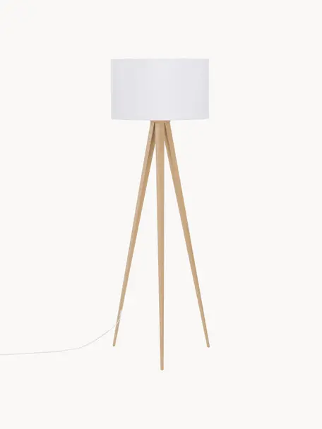 Lampadaire trépied scandinave Jake, Blanc, brun clair, Ø 50 x haut. 154 cm