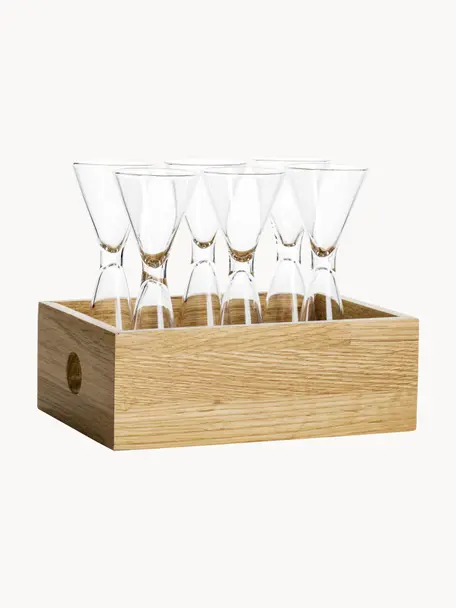Vasos chupito Semon, 6 uds., con caja de madera, Vidrio soplado, madera de roble, Transparente, roble, Ø 4 x Al 12 cm, 20/40 ml
