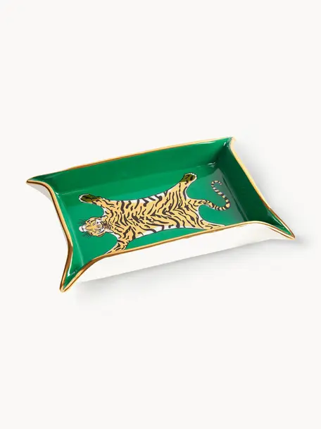 Pozłacana taca z porcelany Tiger, Porcelana z pozłacanymi akcentami, Wewnątrz: zielony, złoty, beżowy Na zewnątrz: biały, S 18 x G 13 cm