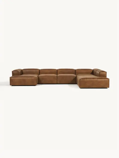 Sofa modułowa ze skóry z recyklingu Lennon, Tapicerka: skóra z recyklingu (70% s, Stelaż: lite drewno, sklejka, Nogi: tworzywo sztuczne, Brązowa skóra, S 418 x G 269 cm, prawostronna