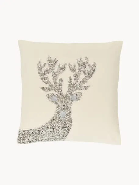 Federa arredo beige ricamata con ornamenti natalizi Deer, 100% cotone, Beige chiaro, Larg. 45 x Lung. 45 cm