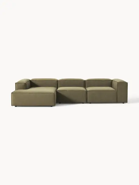 Modulares Ecksofa Lennon, Bezug: 100 % Polyester Der strap, Gestell: Massives Kiefernholz, Spe, Webstoff Olivgrün, B 327 x T 180 cm, Eckteil links