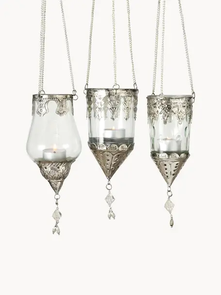 Windlichter-Set Cosa aus Glas, 3er-Set, Windlicht: Glas, Dekor: Metall, Transparent, Silberfarben, Ø 9 x H 23 cm