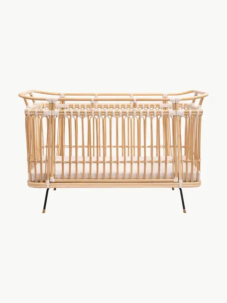 Handgefertigtes Babybett Paul aus Rattan, Beine: Metall, beschichtet, Füße: Mangoholz, Matratze: Kokoskern, Schafwolle, Ba, Hellbraun, B 70 x L 130 cm