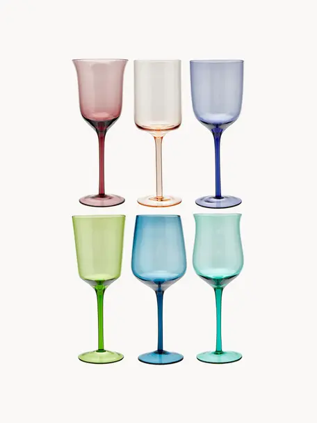 Mundgeblasene Weingläser Diseguale in unterschiedlichen Farben und Formen, 6er-Set, Glas, mundgeblasen, Bunt, transparent, Ø 7 x H 24 cm, 250 ml