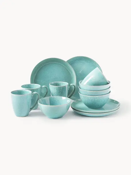 Set de desayuno artesanal esmaltado Anthia, 4 comensales (12 pzas.), Cerámica de gres, Turquesa, 4 comensales (12 pzas.)