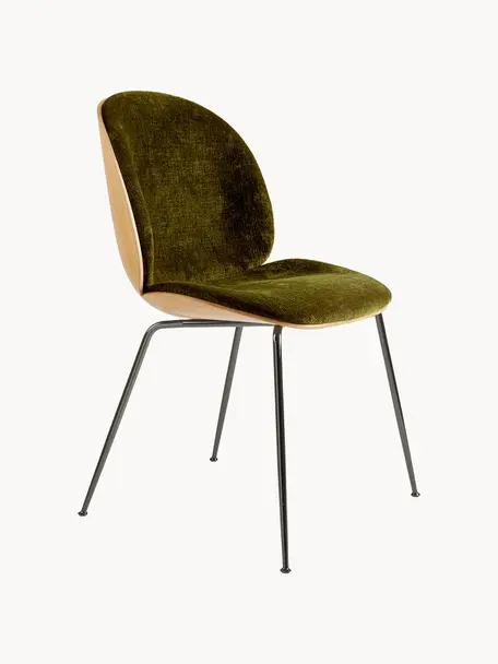 Sametová čalouněná židle se skořepinovým sedákem Beetle, Olivově zelená, dubové dřevo, lesklá černá, Š 56 cm, H 58 cm