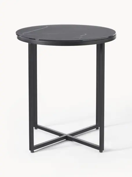 Okrúhly odkladací stolík so sklenenou doskou Antigua, Mramorovaný vzhľad čierna, Ø 45 x V 50 cm