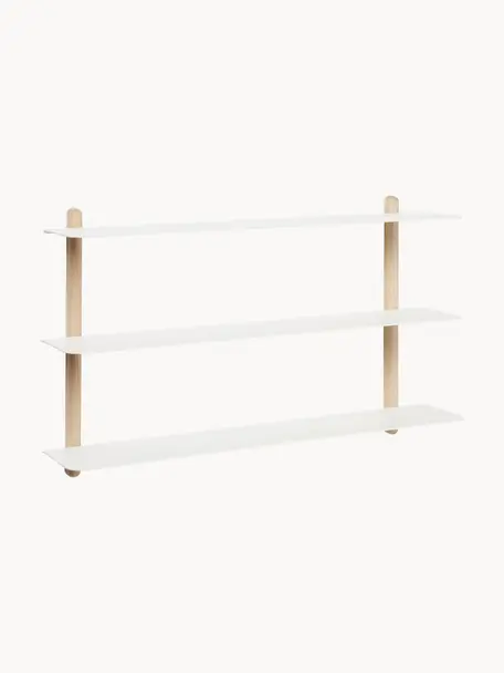 Estante de pared Nivo, Estantes: acero recubierto, Estructura: madera de roble, Madera de roble, blanco, An 64 x Al 42 cm