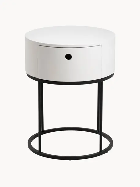 Kulatý noční stolek se zásuvkou Polo, Bílá, černá, Ø 40 cm, V 51 cm