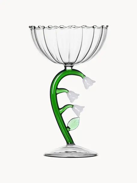 Ručne vyrobený pohár na šampanské Botanica, Borosilikátové sklo, Priehľadná, zelená, biela, Ø 11 x V 18 cm, 280 ml