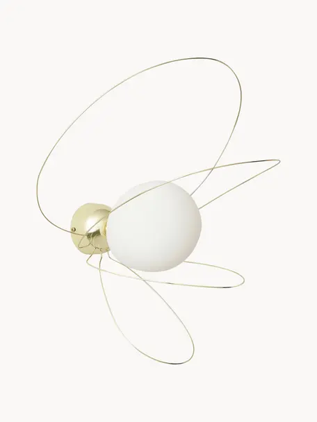 Wandlamp Dela, Lampenkap: opaalglas, Decoratie: verchroomd metaal, Wit, goudkleurig, B 28 x H 38 cm