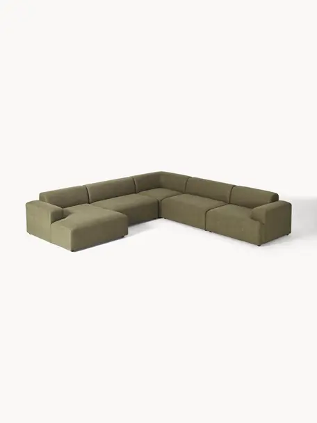 Divano ampio Melva, Rivestimento: 100% poliestere Con 115.0, Struttura: legno massiccio di pino e, Piedini: plastica Questo prodotto , Tessuto verde oliva, Larg. 339 x Prof. 339 cm, chaise-longue a destra