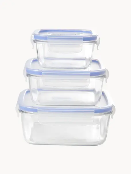 Aufbewahrungsboxen Pure, 3er-Set, Box: gehärtetes Glas, Deckel: Kunststoff, Transparent, Hellblau, Set mit verschiedenen Größen