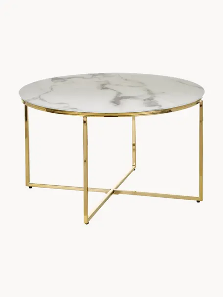 Kulatý konferenční stolek se skleněnou deskou v mramorovém vzhledu Antigua, Bílá v mramorovém vzhledu, zlatá, Ø 80 cm