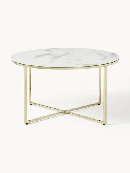 Tavolino rotondo da salotto con piano in vetro effetto marmo Antigua, Struttura: metallo ottonato, Bianco effetto marmo. dorato, Ø 80 cm