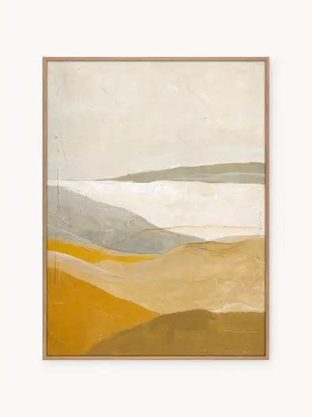 Peinture sur toile réalisée à la main avec cadre en bois Yellow Field, Jaune-, tons beiges, bois clair, larg. 90 x haut. 120 cm