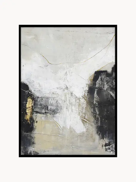 Handbeschilderde canvasdoek White Noir met houten frame, Lijst: eikenhout, gecoat, Beige- en grijstinten, B 92 x H 120 cm