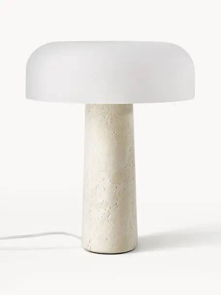 Lampe à poser avec pied en travertin Carla, Blanc, beige, travertin, Ø 32 x haut. 39 cm