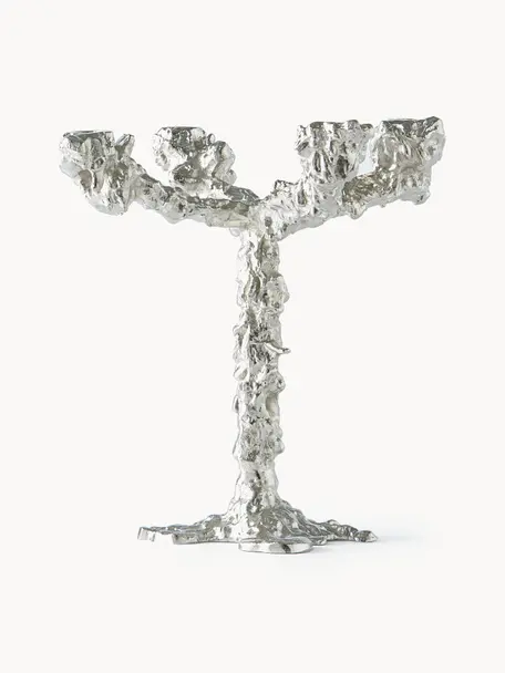 Porte-bougie en métal fait main Drip, Aluminium, enduit, Argenté, larg. 28 x haut. 32 cm