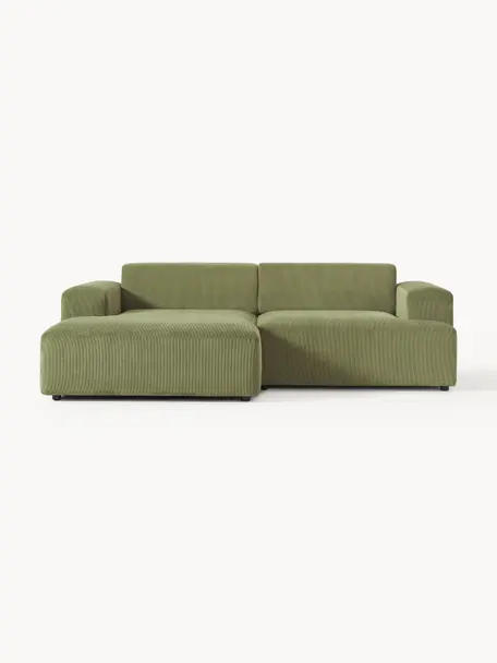 Sofá rinconera de pana Melva (3 plazas), Tapizado: pana (92% poliéster, 8% p, Estructura: madera de pino maciza, ce, Patas: plástico, Pana verde oliva, An 239 x F 143 cm, chaise longue izquierda