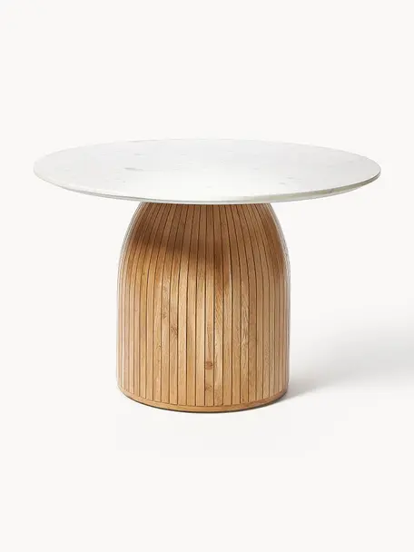 Mesa de comedor redonda con tablero de mármol Nelly, Ø 115 cm, Tablero: mármol, Patas: madera de mango, madera d, Mármol blanco, madera de mango clara, Ø 115 cm