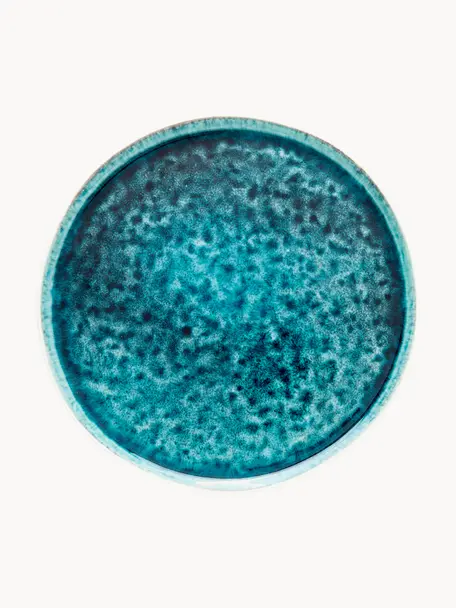 Assiettes plates faites main Mustique, 4 pièces, Grès cérame, émaillé, Turquoise, bleu foncé, Ø 27 cm