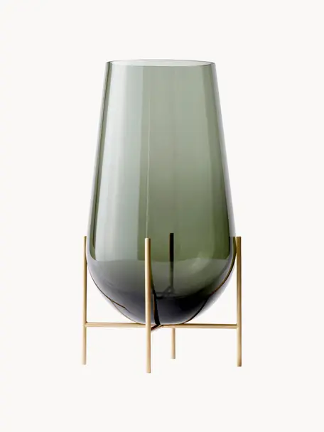 Vaso da terra in vetro soffiato Echasse, Struttura: ottone, Vaso: vetro soffiato, Verde, dorato, Ø 22 x Alt. 44 cm