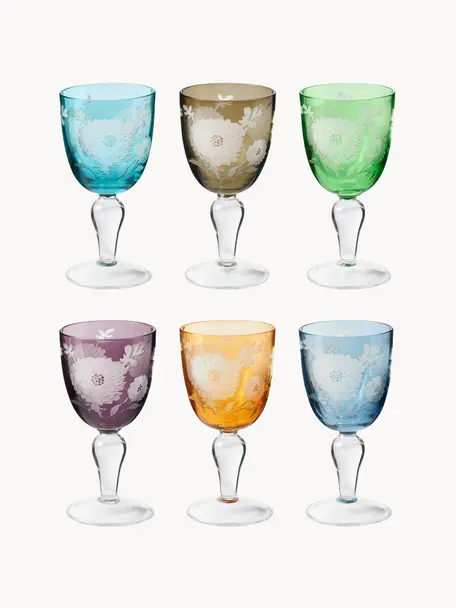 Wijnglazen Peony, set van 6, Glas, Meerkleurig, Ø 9 x H 17 cm, 250 ml