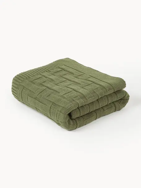 Couverture en coton tricoté Gwen, 100% coton, Vert olive, larg. 130 x long. 170 cm