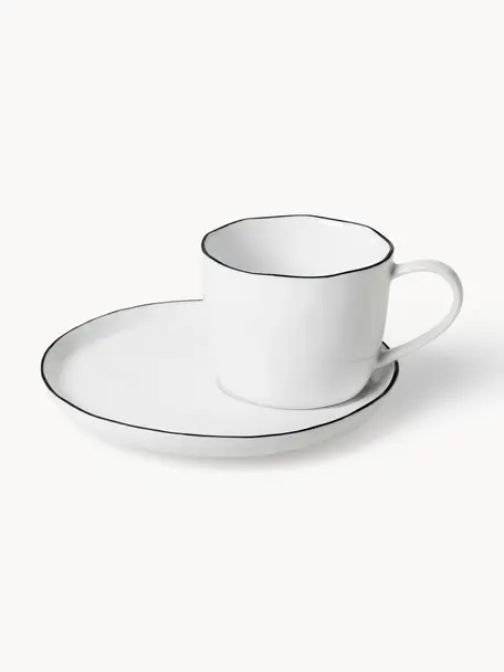 Taza de café con platito artesanal de porcelana Salt, Porcelana, Blanco, Ø 8 x Al 7 cm, 150 ml