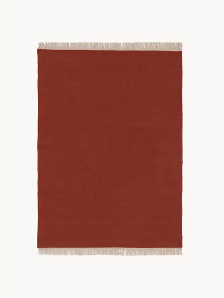 Ręcznie tkany dywan z wełny Liv, 80% wełna, 20% bawełna

Włókna dywanów wełnianych mogą nieznacznie rozluźniać się w pierwszych tygodniach użytkowania, co ustępuje po pewnym czasie, Rdzawoczerwony, S 80 x D 150 cm (Rozmiar XS)