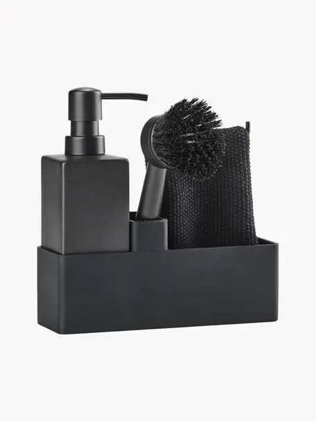 Set lavavajillas con cepillo Zone, 3 pzas., Cerámica, silicona, Negro, An 19 x Al 21 cm
