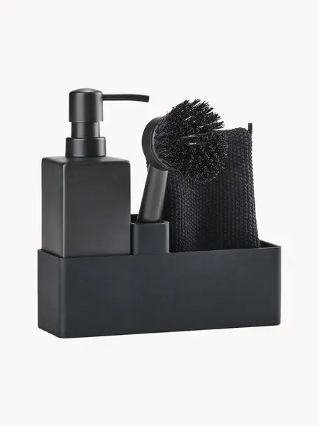 Distributeur de liquide vaisselle avec accessoires Zone, 3 élém., Céramique, silicone, Noir, larg. 19 x haut. 21 cm