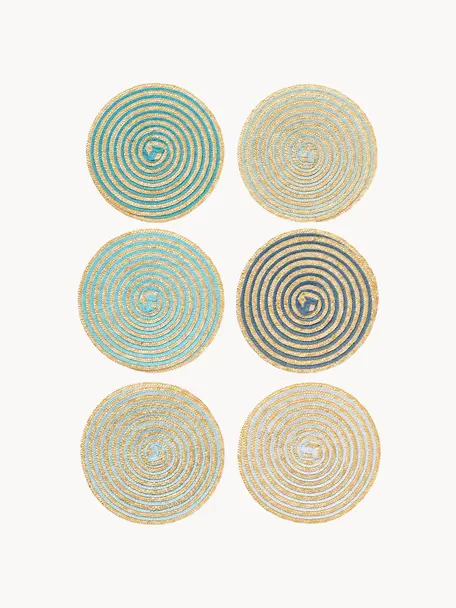 Manteles individuales redondos Baita, 6 uds., Rafia, Beige, tonos azules y verdes, Ø 39 cm