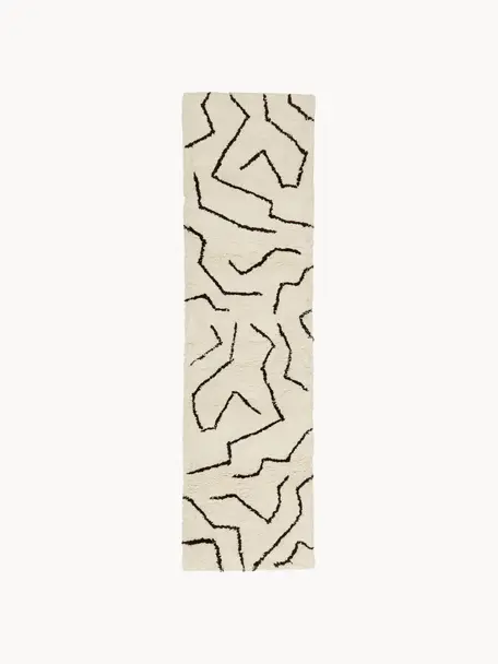 Tapis de couloir à poils longs tufté main Davin, Couleur crème & noir, imprimé, larg. 80 x long. 200 cm