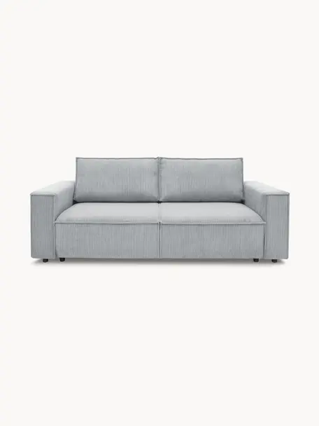 Sofá cama de pana Nihad (3 plazas), con espacio de almacenamiento, Tapizado: pana de poliéster, Patas: plástico, Pana gris claro, An 245 x F 102 cm