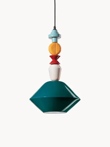 Lámpara de techo artesanal de diseño Lariat, Pantalla: vidrio, Anclaje: aluminio con pintura en p, Cable: cubierto en tela, Azul petróleo, multicolor, Ø 31 x Al 56 cm