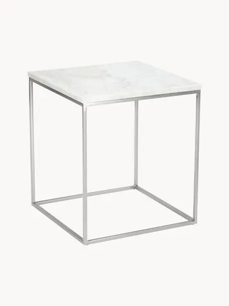 Marmor-Beistelltisch Alys, Tischplatte: Marmor, Gestell: Metall, pulverbeschichtet, Weiß marmoriert, Silberfarben, B 45 x H 50 cm