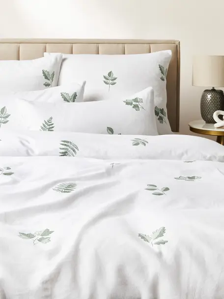 Flanell-Bettdeckenbezug Fraser in Weiß/Grün, Webart: Flanell Flanell ist ein k, Weiß, Salbeigrün, B 200 x L 200 cm