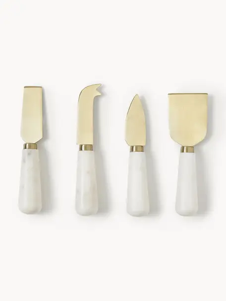 Set de cuchillos de queso de mármol Agata, 4 uds., Dorado, mármol blanco, L 14 cm