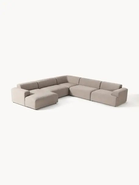 Sofa narożna Melva, Tapicerka: 100% poliester Dzięki tka, Stelaż: lite drewno sosnowe i świ, Nogi: tworzywo sztuczne Ten pro, Greige tkanina, S 339 x G 339 cm, prawostronna