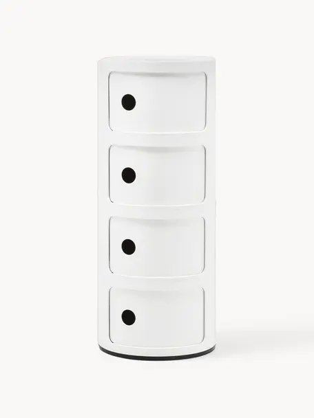 Contenitore di design con 4 cassetti Componibili, Plastica (ABS), laccata, certificata Greenguard, Bianco lucido, Ø 32 x Alt. 77 cm