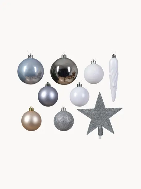 Décorations de sapin de Noël Starstruck, 33 élém., Plastique, Blanc, argenté, Lot de différentes tailles