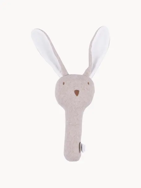 Handgefertigte Rassel Rabbit, Baumwolle, Nougat, Weiß, B 10 x L 21 cm