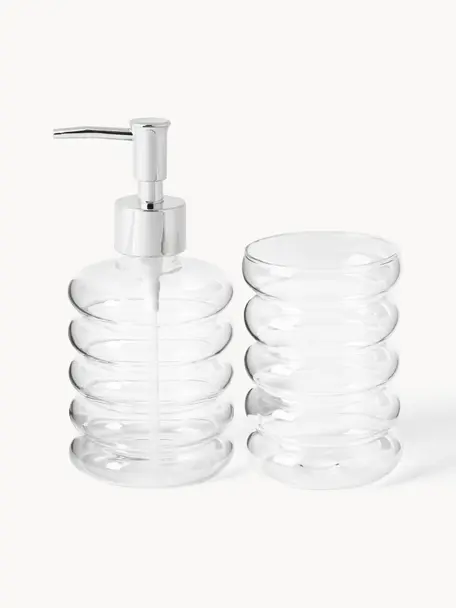 Set de accesorios de baño de vidrio soplado artesanalmente Bubbly, 2 uds., Transparente, Set de diferentes tamaños