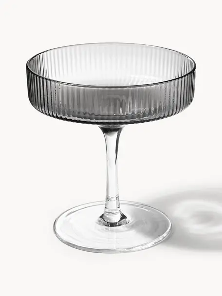 Mundgeblasene Champagnerschalen Ripple mit Rillenrelief, 2 Stück, Glas, mundgeblasen, Grau, transparent und glänzend, Ø 11 x H 11 cm, 150 ml